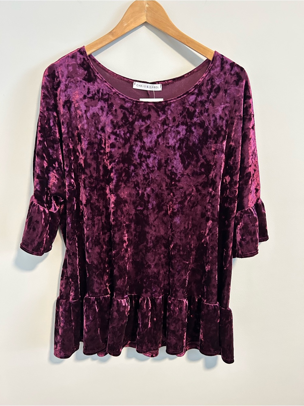 Chris & Carol Crushed Velvet Ruffle Tunic Top Burgundy, Size Large